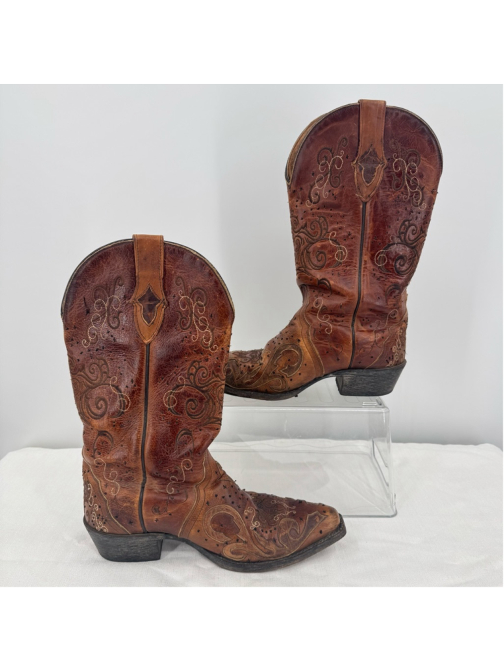 Sterling River Cowboy Boots Brown Leather Embroidery 11” Shaft Western Size 6.5